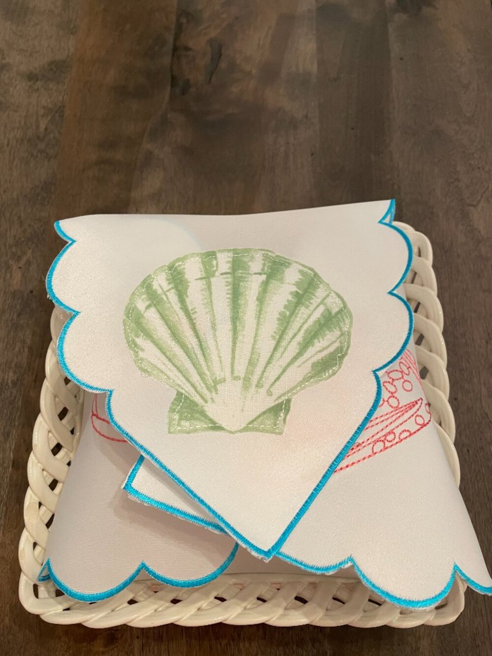 Bread Basket Liner - Embroidered Seashells NEW